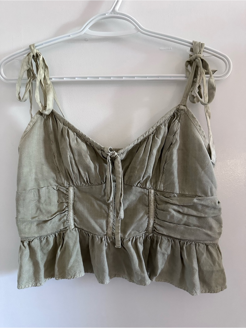American Eagle Outfitters Olive Tie-Front Ruffle Hem Cami
